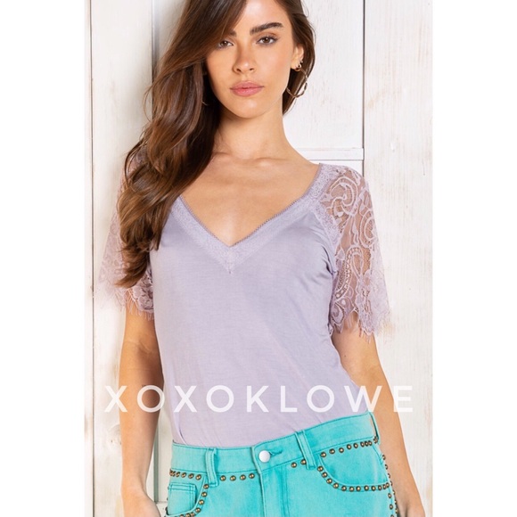 POL Lavender Buttery Soft Lace Sleeve V Neck Premium Tee - Picture 4 of 11